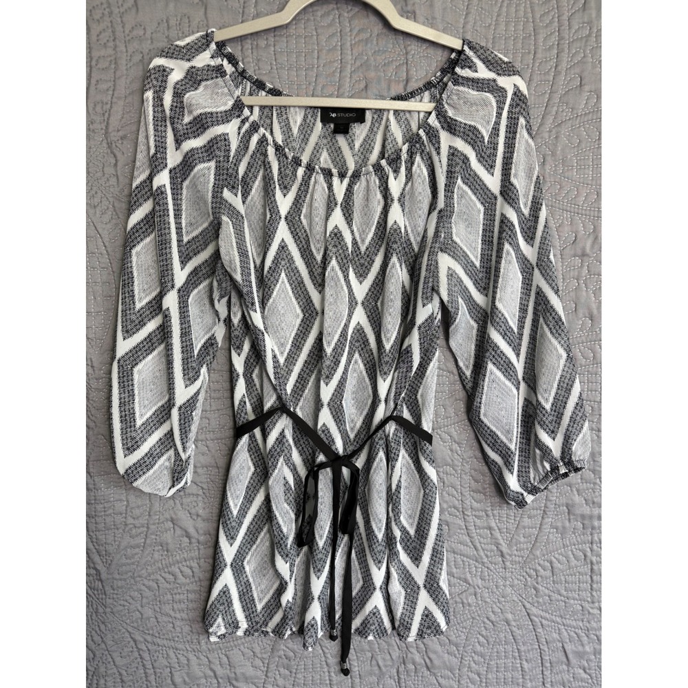 AB STUDIO Women's Geometric Print 3/4 Sleeve Tunic Top Black White Belted - Picture 2 of 7